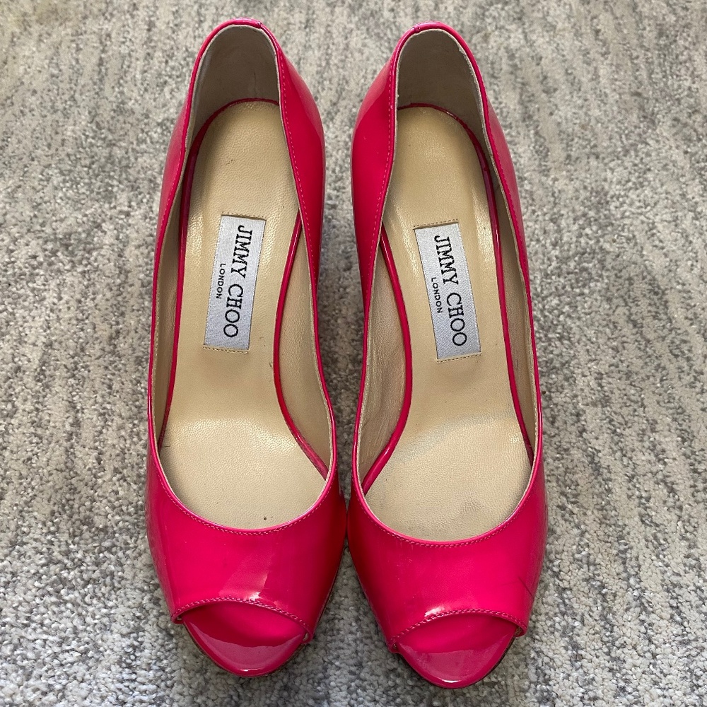 Jimmy Choo Hot Pink Open Toe Wedges